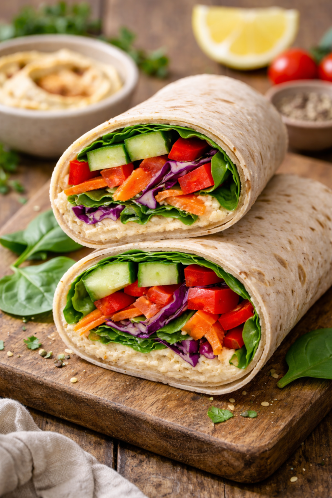 hummus veggie wrap filled with fresh vegetables and greens