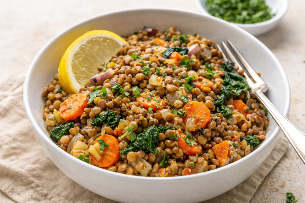 lentil veggie bowl with carrots, greens, and herbs