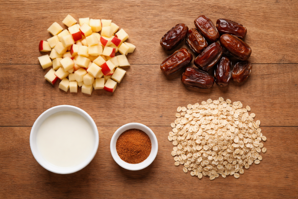 Chopped apples, dates, oats, and cinnamon arranged as ingredients for a warm breakfast bowl