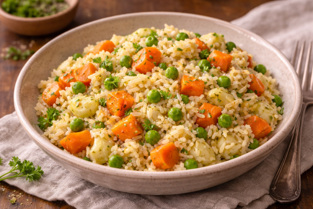 buttery rice with soft veggies in a cozy ceramic bowl