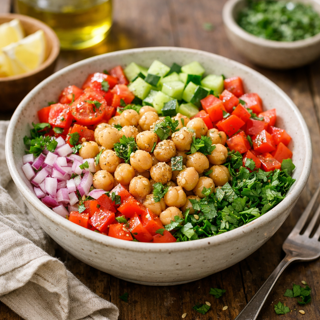 chickpea salad bowl with vegetables and herbs