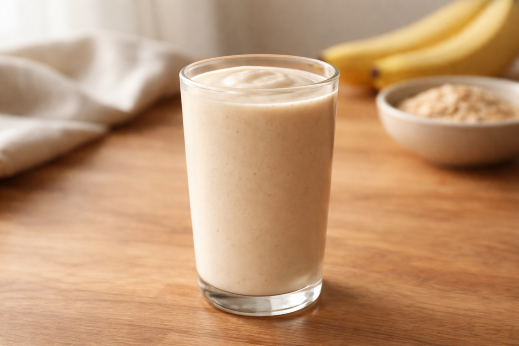 Creamy morning smoothie in a glass on a wooden surface with a smooth, gentle texture