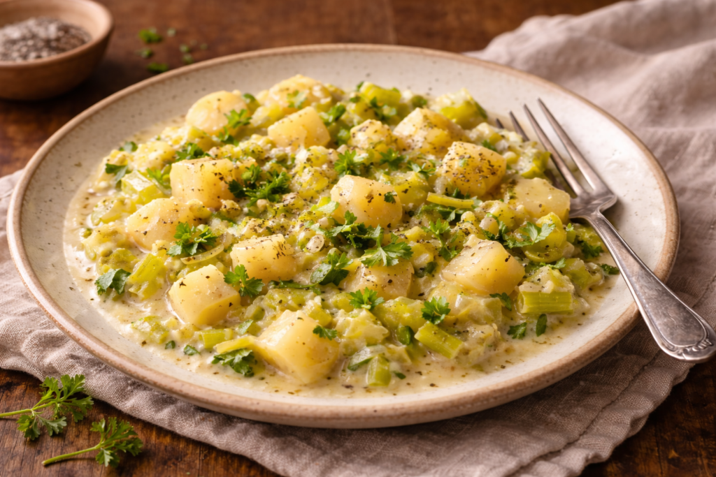 creamy potato and leek plate in a cozy ceramic dish
