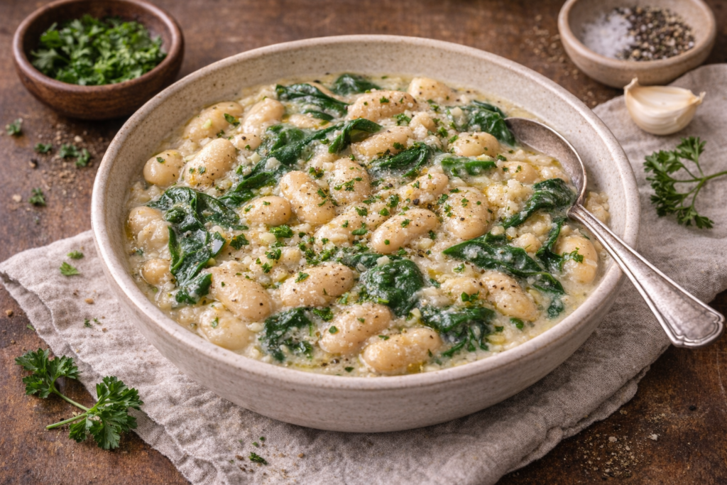 creamy white bean and spinach bowl in a cozy ceramic dish