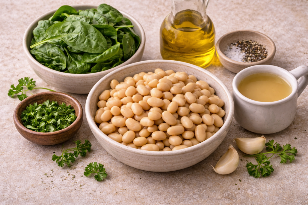 ingredients for creamy white bean and spinach bowl including white beans, spinach, garlic, olive oil, and herbs