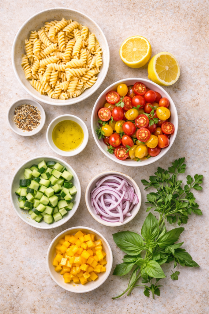 ingredients for a garden pasta lunch including pasta, tomatoes, cucumber, herbs, olive oil, and lemon