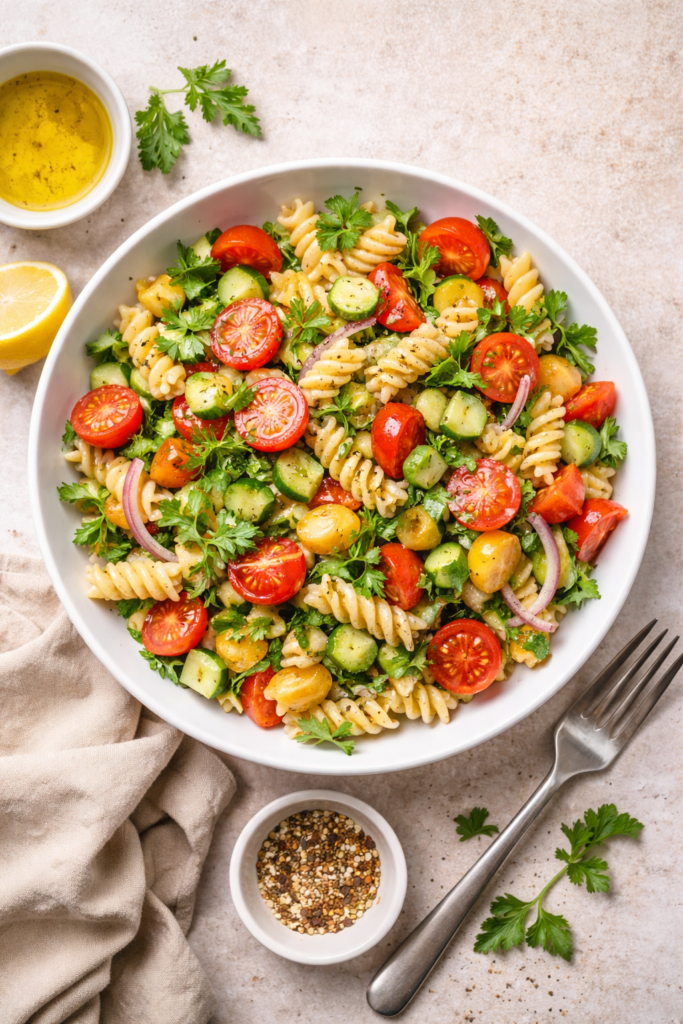 garden pasta lunch plate with vegetables and herbs