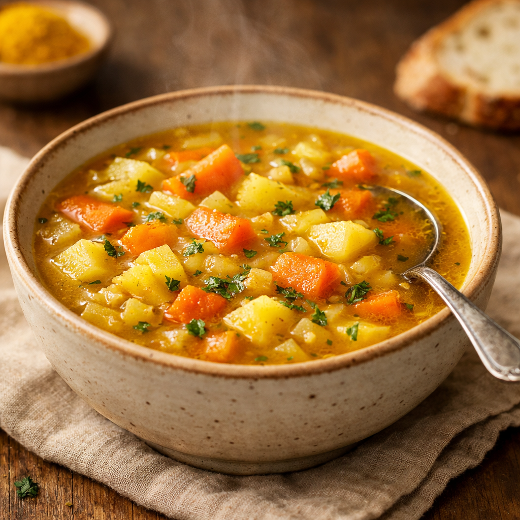 golden veggie soup in a cozy bowl