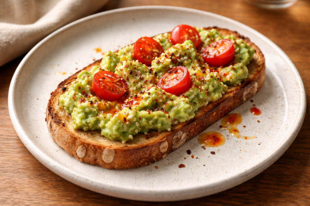 Lemon avocado toast topped with chili oil and cherry tomatoes on toasted sourdough bread