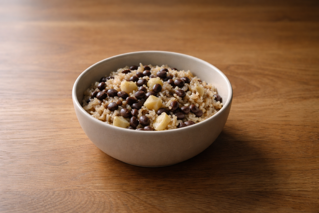 Simple midday meal in a bowl on a wooden surface