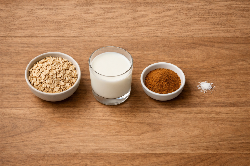 Rolled oats, milk, cinnamon, and salt arranged as a simple ingredient setup for creamy cinnamon oatmeal