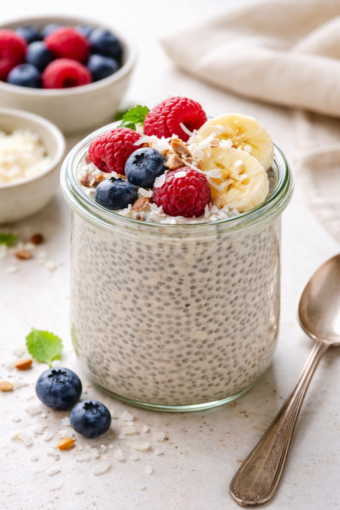 Overnight vanilla chia pudding topped with berries, banana, and coconut