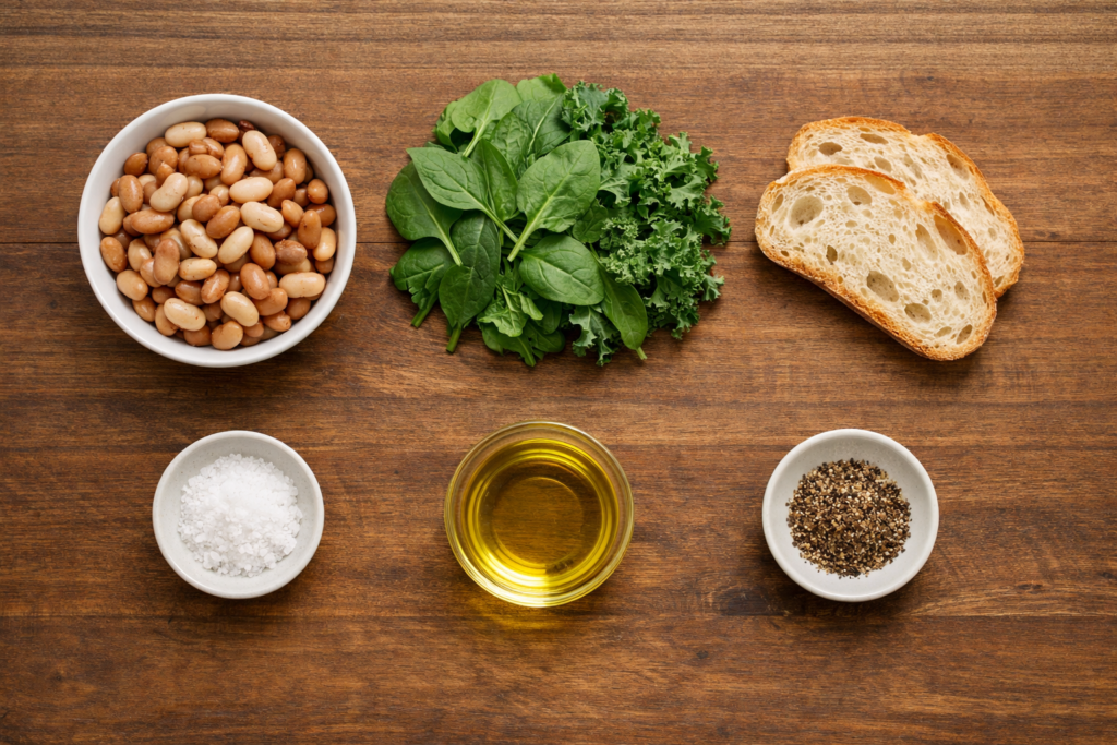 Text: Beans, greens, bread, and olive oil arranged as ingredients for a protein breakfast plate