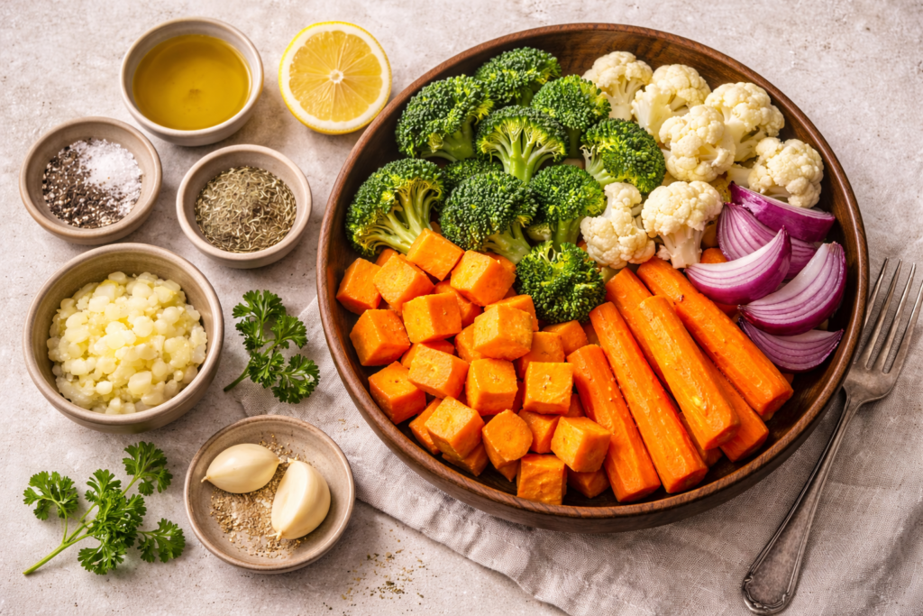 ingredients for roasted veggie comfort plate including carrots, sweet potatoes, broccoli, cauliflower, and red onion