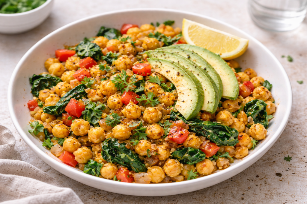 Savory chickpea breakfast scramble with bell peppers, greens, and avocado in a white bowl