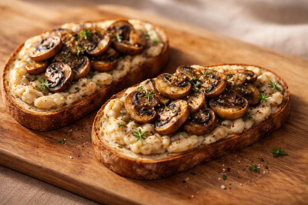 Savory breakfast toasts topped with beans and mushrooms on a wooden surface