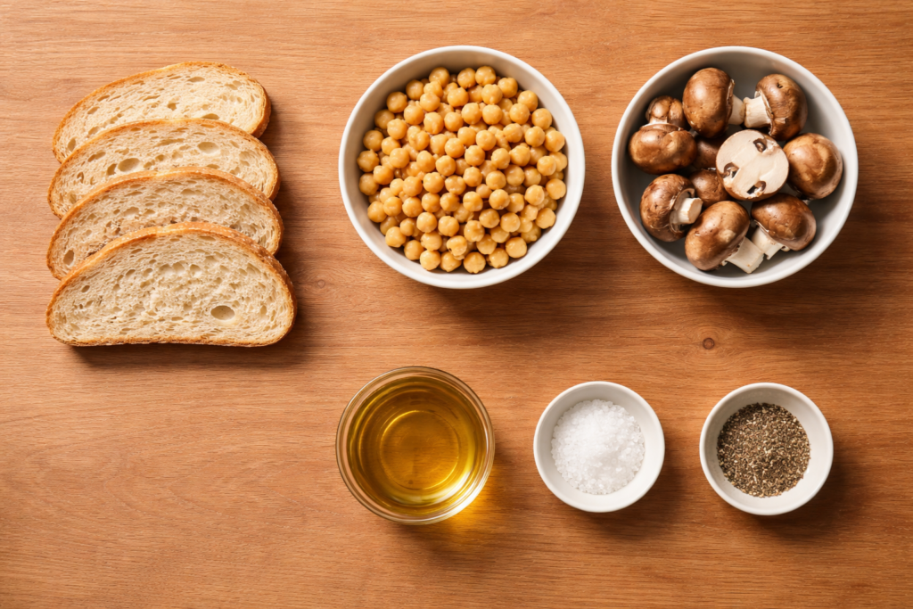 Bread, beans, mushrooms, and olive oil arranged as ingredients for savory breakfast toast