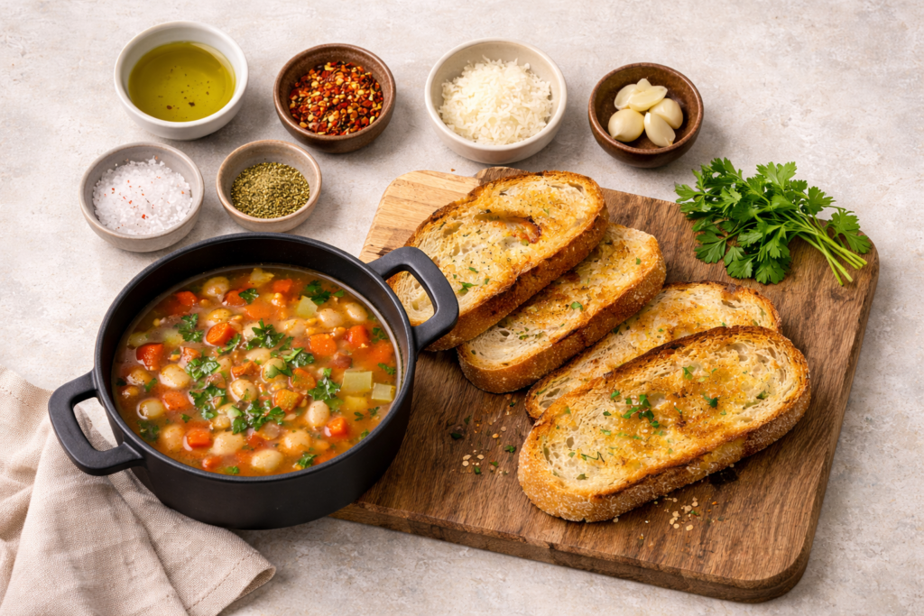 ingredients for a simple soup and toast including soup, bread, herbs, and olive oil