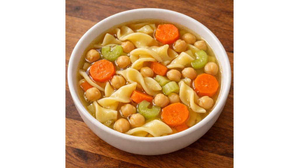 Chickpea noodle soup in a white bowl with carrots and chickpeas