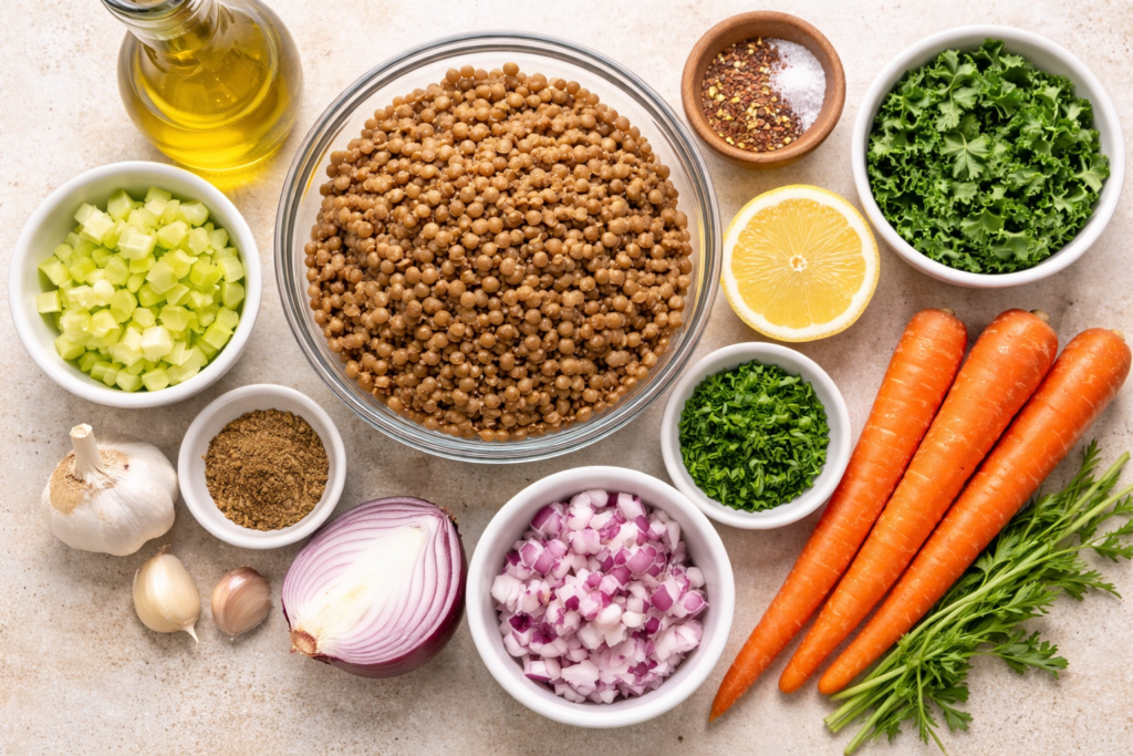 fresh ingredients for a warm lentil and veggie bowl including lentils, carrots, kale, onion, garlic, and lemon