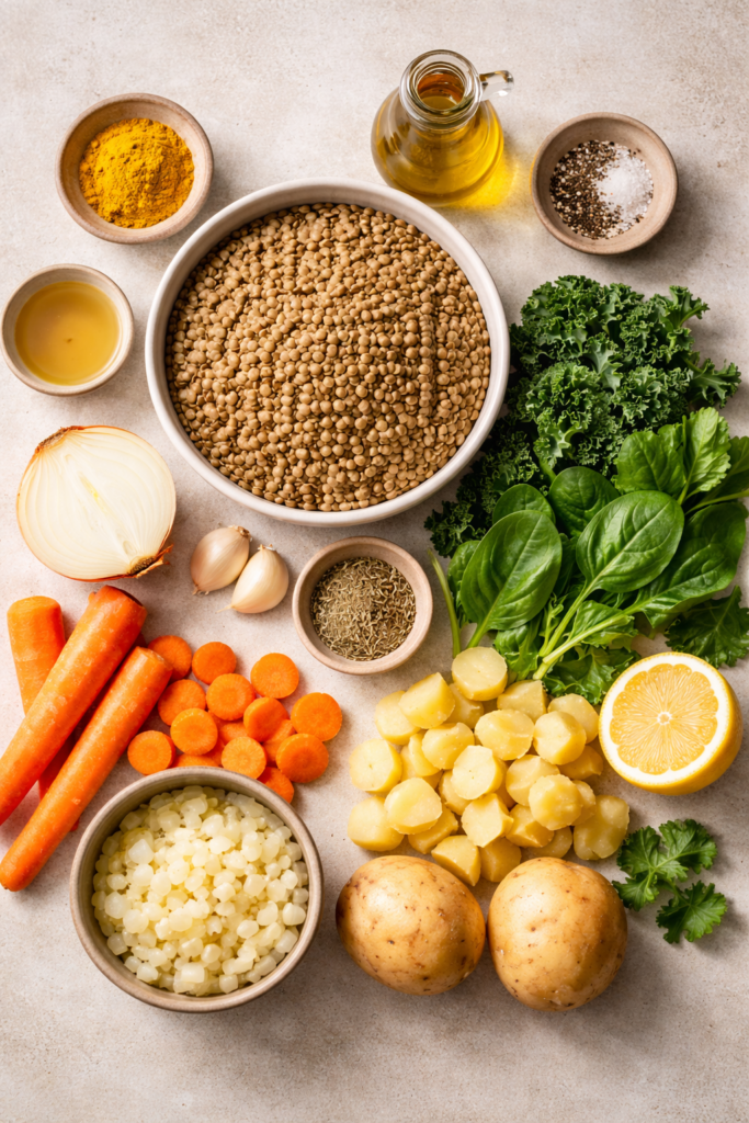 ingredients for warm lentil and veggie bowl including lentils, carrots, potatoes, onion, garlic, and greens