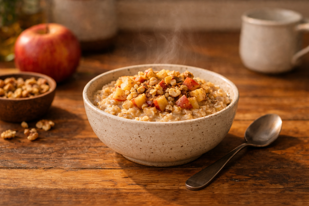 Warm cinnamon apple oatmeal topped with walnuts in a cozy breakfast bowl