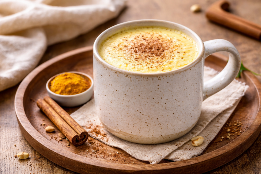 Cozy golden milk latte made with turmeric, cinnamon, and plant milk in a warm mug