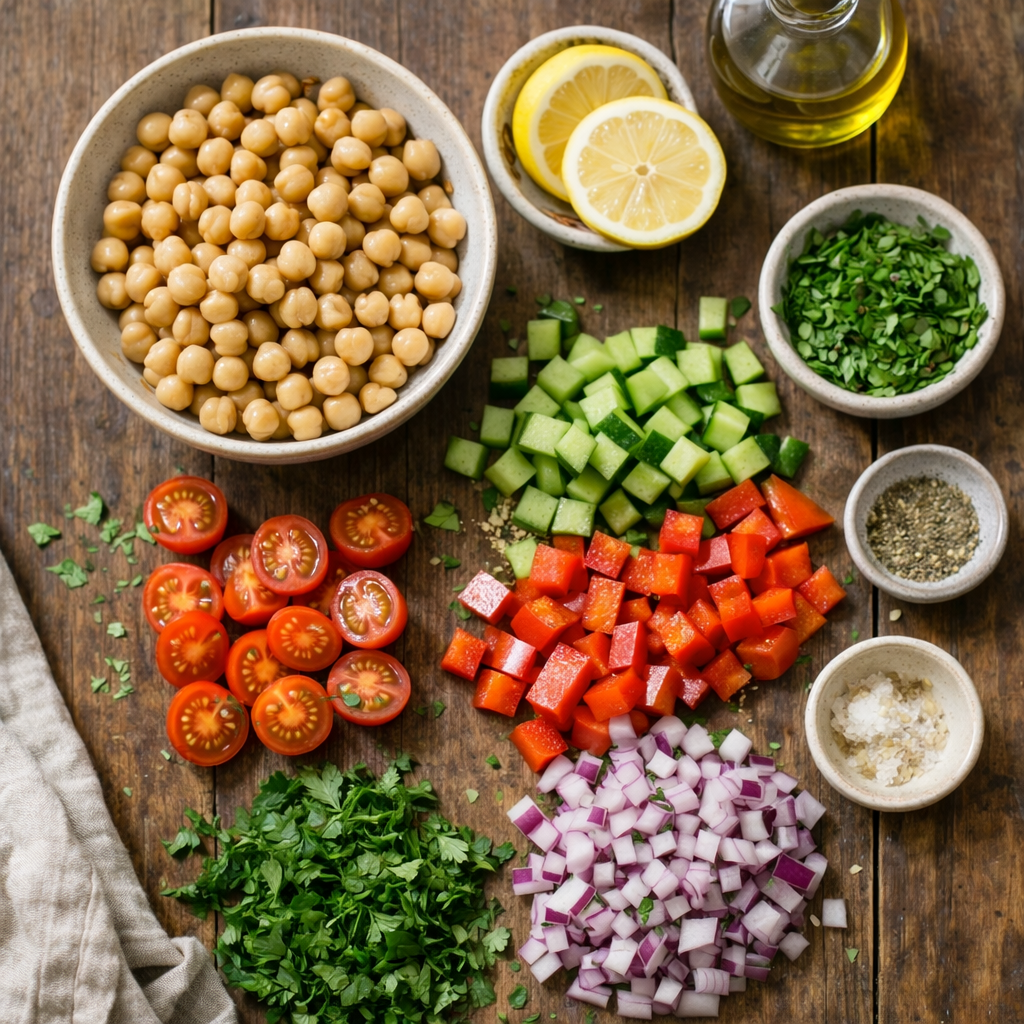 ingredients for a chickpea salad bowl