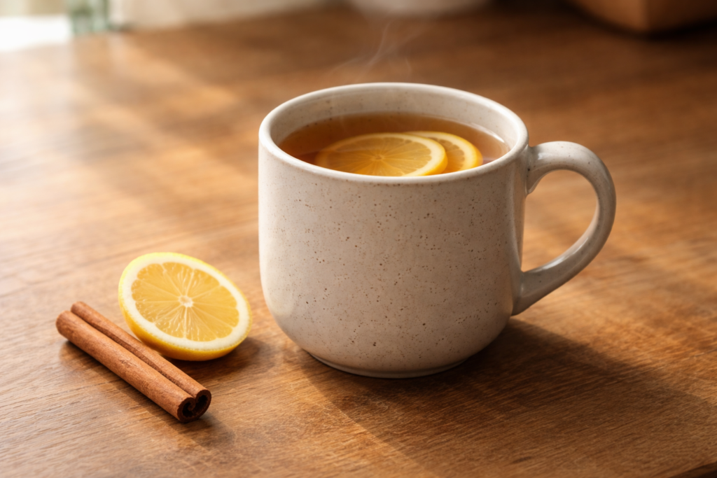 Spiced lemon morning tea in a ceramic mug with cinnamon and lemon on a wooden surface in soft morning light.