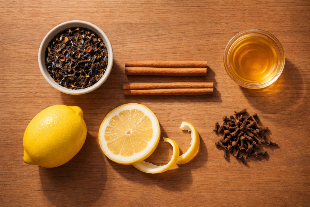 Loose-leaf tea, cinnamon stick, whole cloves, lemon, and honey arranged on a wooden surface in soft morning light.