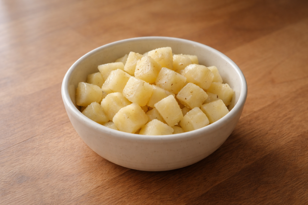 Warm breakfast potatoes sautéed until tender and served in a bowl on a wooden surface in soft morning light.