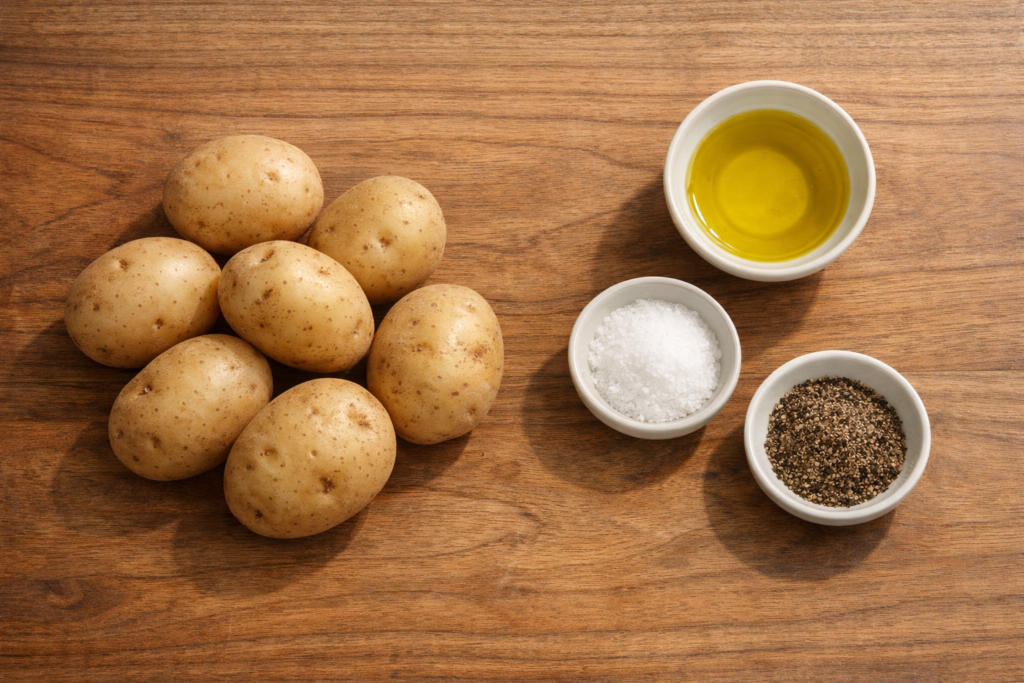 Raw potatoes, olive oil, salt, and black pepper arranged neatly on a wooden surface in natural light.