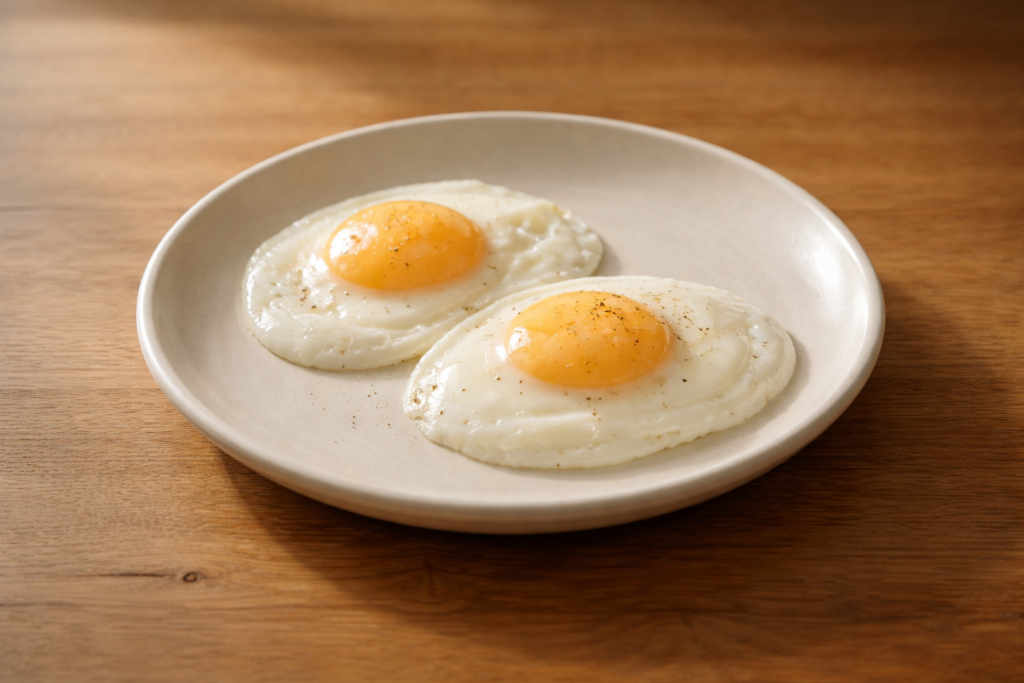 A warm, familiar breakfast served simply on a wooden surface in soft morning light.