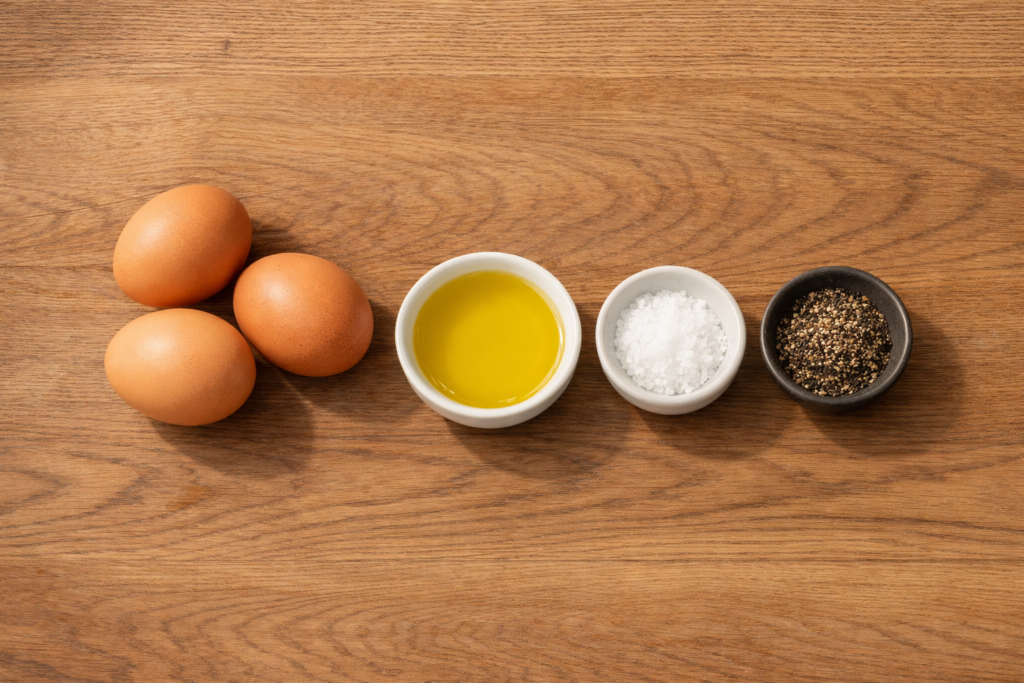 Simple breakfast ingredients arranged neatly on a wooden surface in natural light.