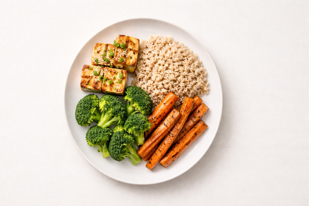 Balanced lunch plate with protein carbs and vegetables