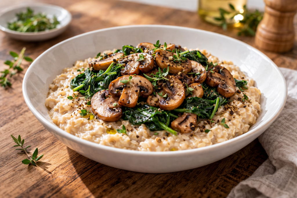 Savory oats with spinach and mushrooms in white bowl