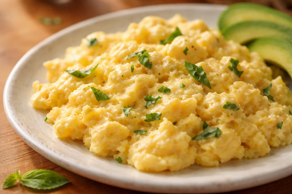 Close-up of soft scrambled eggs with basil and avocado slices