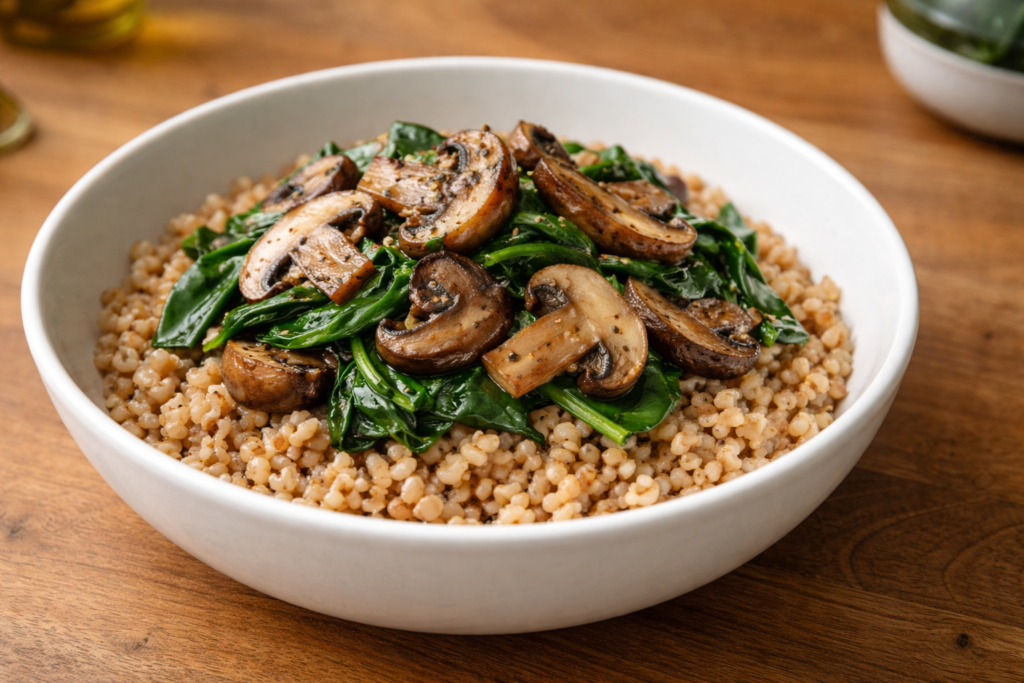 Farro bowl topped with sautéed mushrooms and wilted spinach