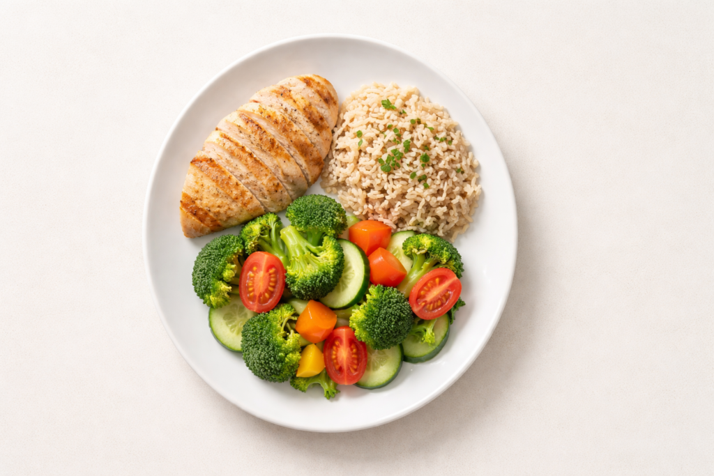 Hand method plate showing palm protein cupped carbs and vegetables