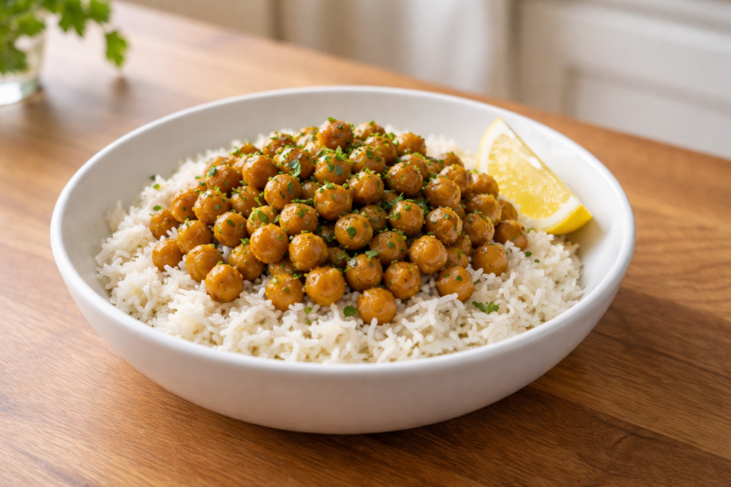Lemon herb chickpea rice bowl with parsley and fresh lemon in white ceramic bowl