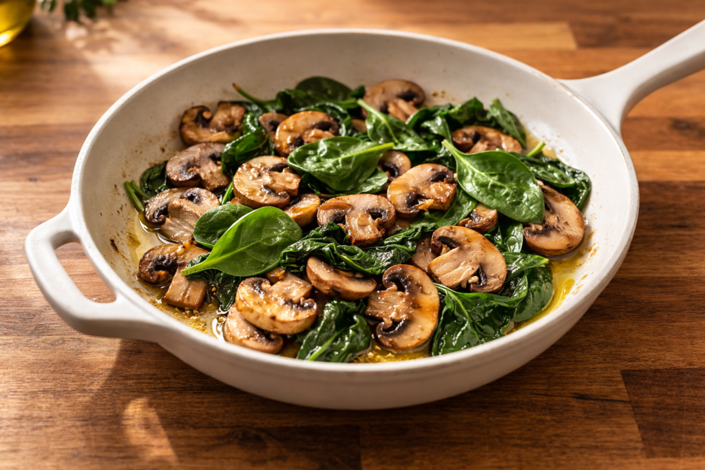 Sautéed mushrooms and spinach cooking for farro bowl