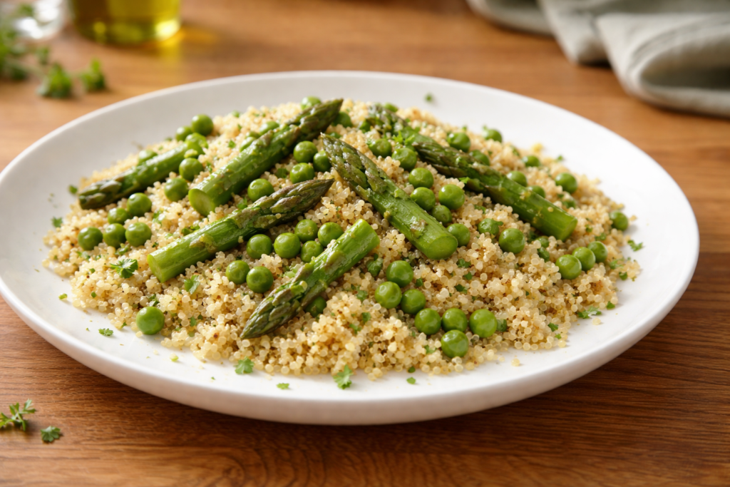 Quinoa plate with asparagus and peas in white ceramic plate