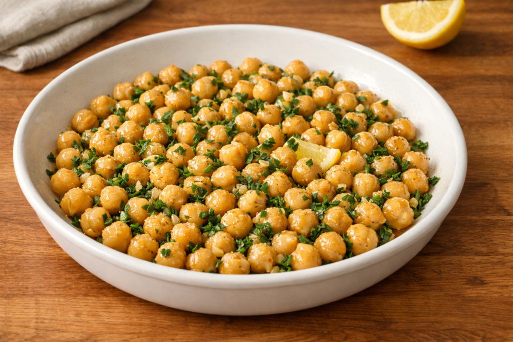 Sautéed chickpeas with parsley and lemon ready to serve over rice