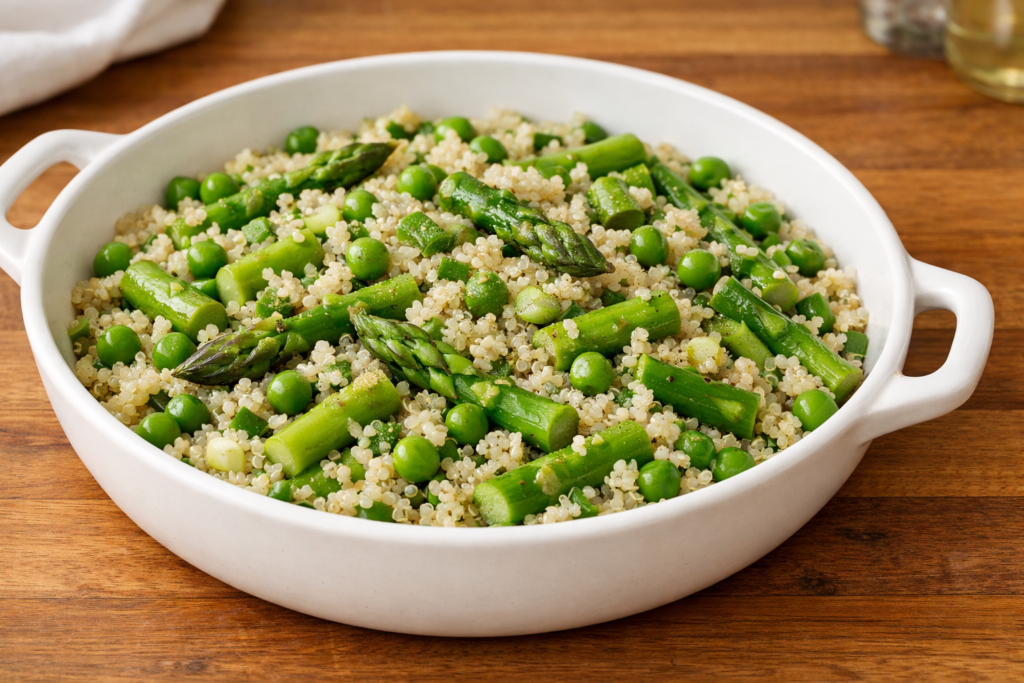 Quinoa plate ingredients with asparagus and peas cooking in skillet