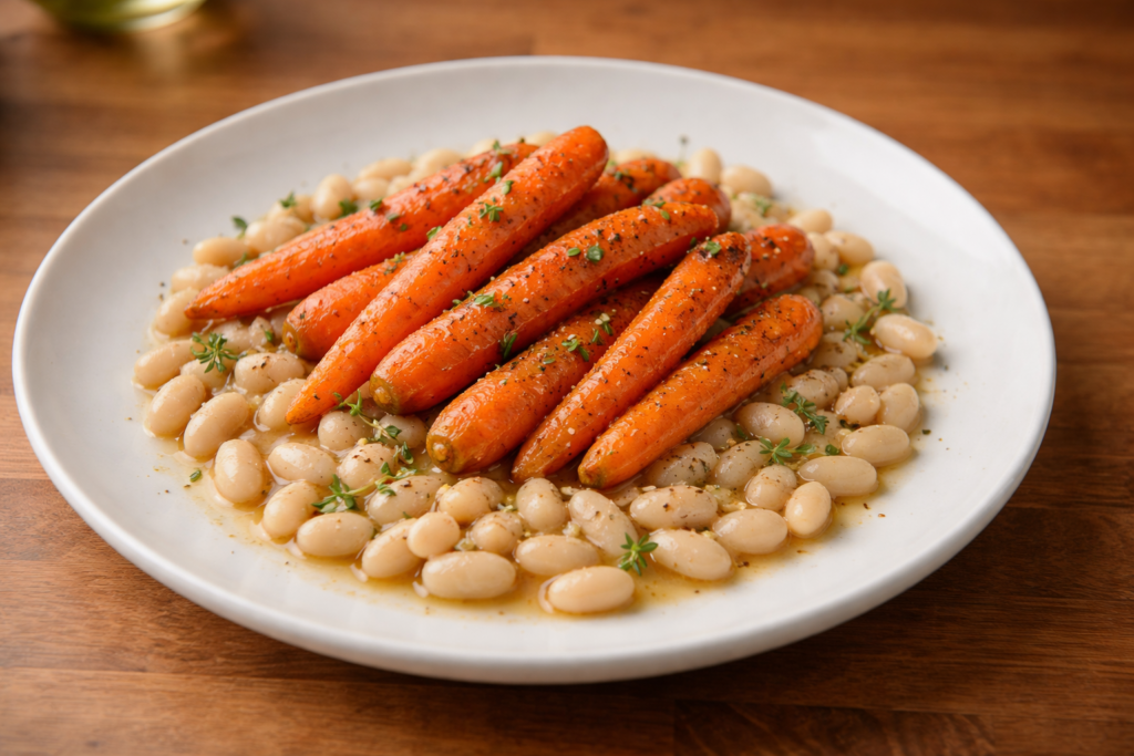 White bean plate topped with roasted baby carrots