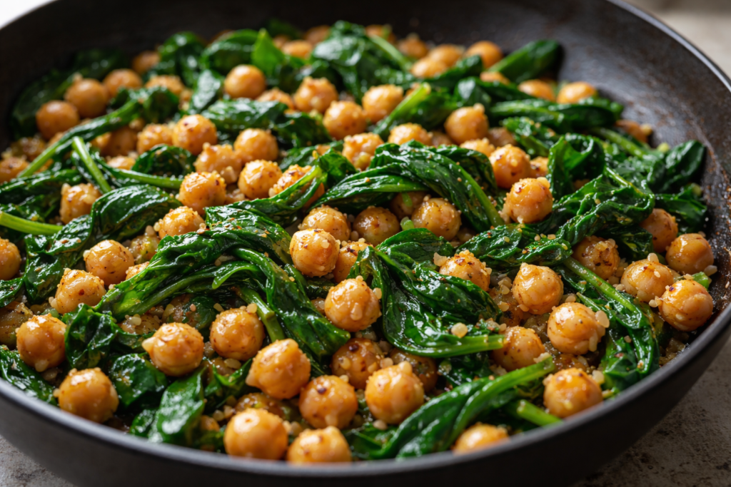 Close-up of 10-minute chickpea skillet with spinach