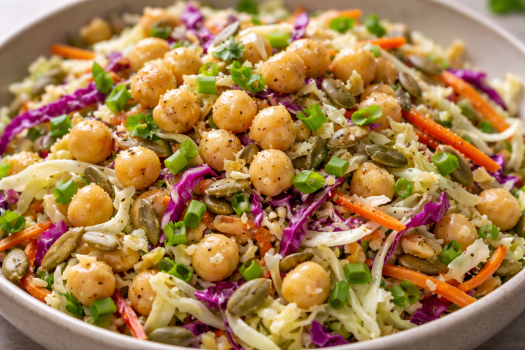 Close-up of crunchy chickpea slaw bowl with cabbage