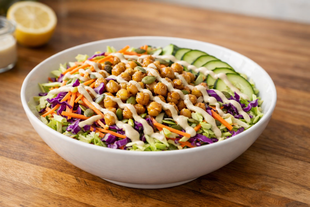 Crunchy chickpea slaw bowl with cabbage and pumpkin seeds