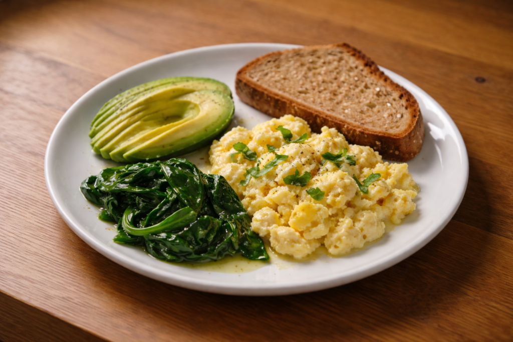 Soft scrambled eggs with basil, avocado slices, sautéed spinach and whole grain toast