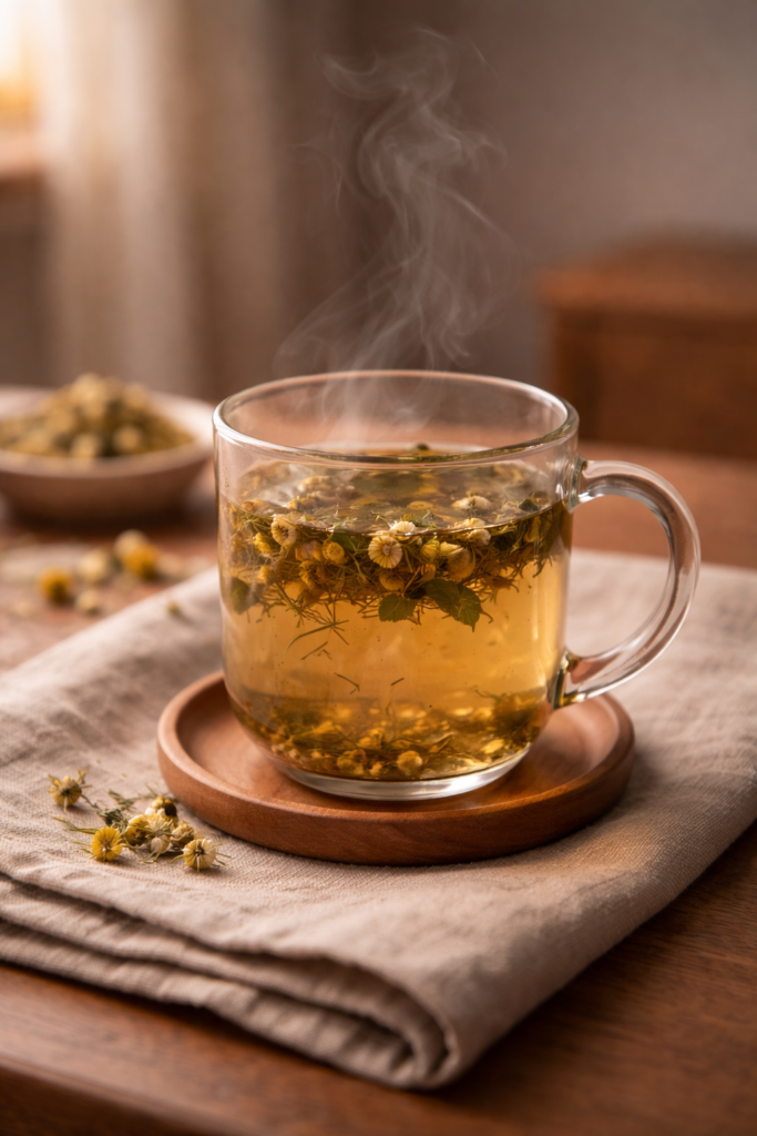Herbal tea in a clear glass mug with chamomile flowers and steam rising, warm light, cozy evening setting.